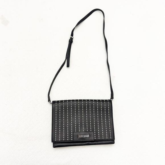 Just Cavalli Black Leather Studded Over The Shoulder Crossbody Tote Purse MINT - Picture 9 of 9